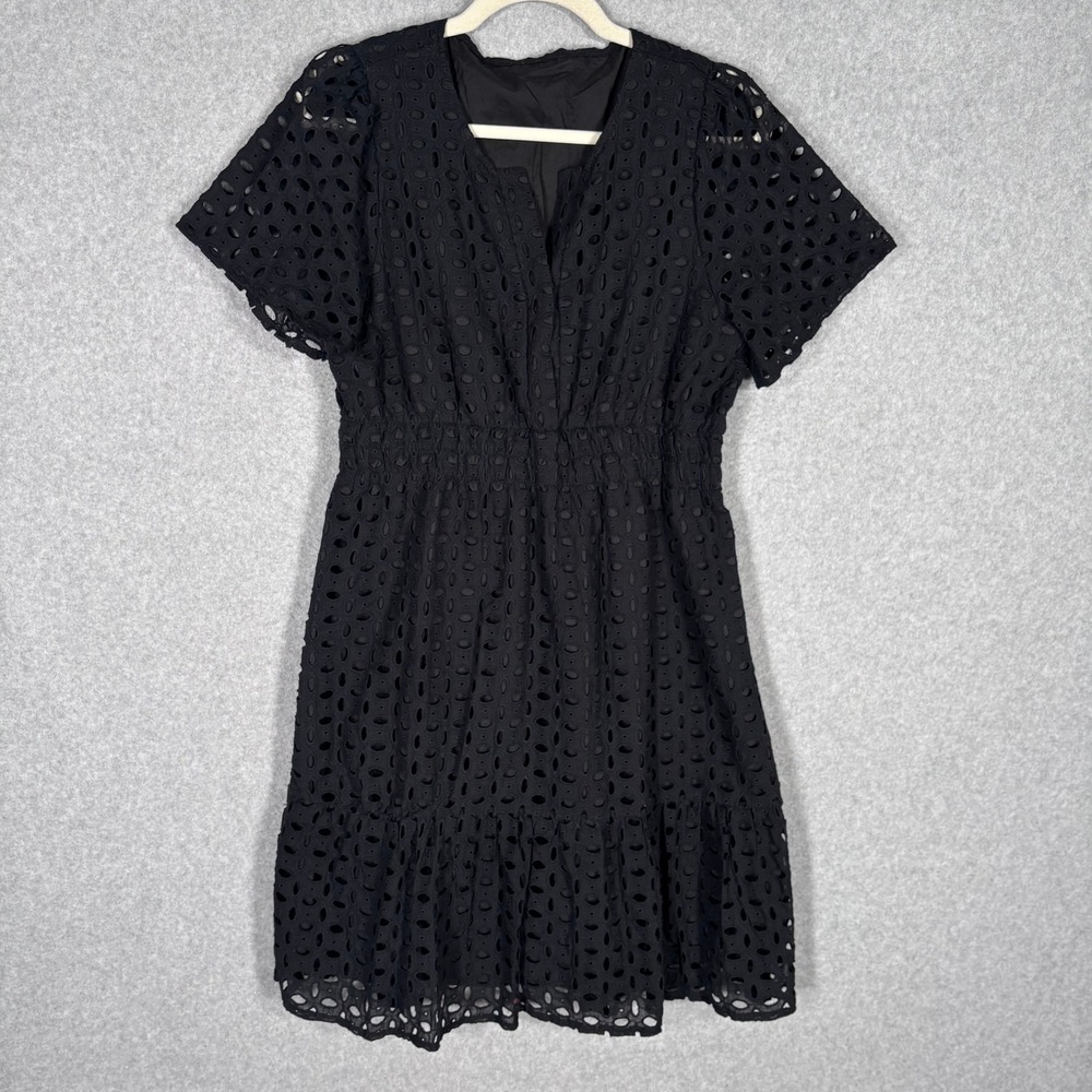 Eyelet Tiered Peasant Dress Large Black Cotton Goth Cottage Smocked Waist Preppy